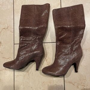 Colin Stuart Brown Snakeskin-Textured Mid-Calf Heeled Boots